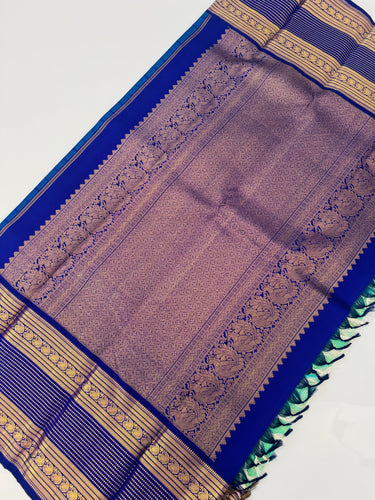 Exclusive Kanchivaram Korvai Pure Silk Pure Zari Silk Saree | Navy Blue & Light Green | Gold Zari | Handwoven | Ships from California